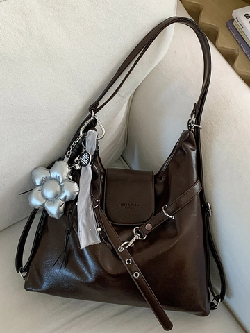 Fashion Large Capacity PU Leather Tote Bag For Women Minimalist Hobo Shoulder Bag With Flower Charm Solid Color Retro Handbag