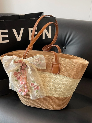 Borsa Tote In Paglia Stile Coreano Da Donna Grande Capacità Borsa Da Spiaggia Con Ricamo Floreale E Fiocco In Pizzo