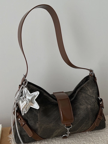 Vintage PU Leder Schultertasche Mit Großer Kapazität Für Damen Achseltasche Mit Stern Herz Metallanhängern Retro Urban Style Mode Handtasche
