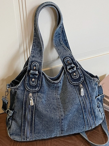 Retro Washed Denim Tote Bag Women Large Capacity Minimalist Jeans Handbag With Vertical Zippers Adjustable Shoulder Bag