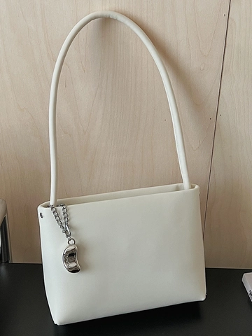 Minimalist Women PU Leather Underarm Bag Fashion Solid Color Shoulder Bag With Metal Chain Pendant Chic Daily Ladies Handbag