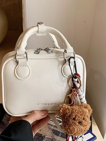 Retro Minimalist Women PU Leather Handbag Fashion Small Square Bag With Plush Bear Pendant Shoulder Crossbody Bag Purse