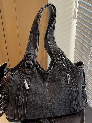 Retro Washed Denim Tote Bag Women Large Capacity Minimalist Jeans Handbag With Vertical Zippers Adjustable Shoulder Bag