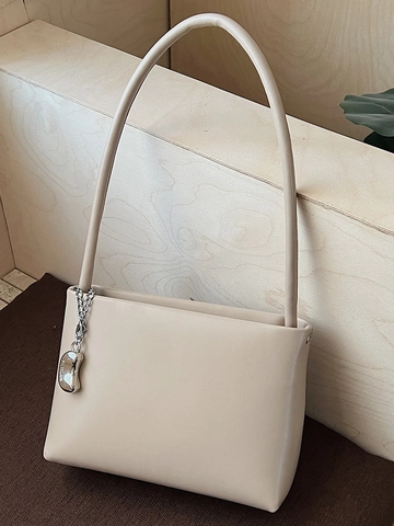 Minimalist Women PU Leather Underarm Bag Fashion Solid Color Shoulder Bag With Metal Chain Pendant Chic Daily Ladies Handbag
