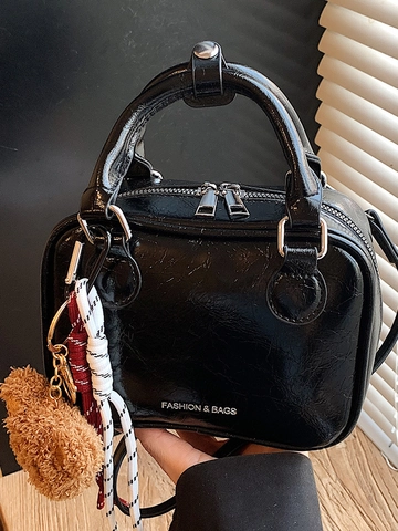 Retro Minimalist Women PU Leather Handbag Fashion Small Square Bag With Plush Bear Pendant Shoulder Crossbody Bag Purse