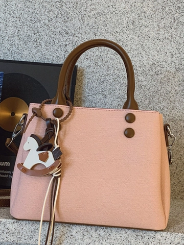 Sac Bandoulière Carré en Cuir PU Coréen Femmes Surpiqûres Contrastées Sac à Main Breloque Cheval Vintage Mode Sacoche