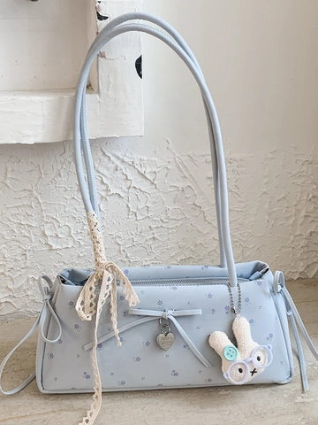 Damen PU Leder Achseltasche Baguette Tasche Süßer Kaninchen Anhänger Blumendruck Spitze Schleife Herz Anhänger Koreanisch Schultertasche