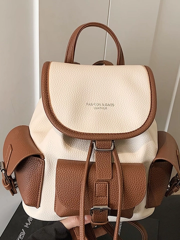 Vintage PU Leather Backpack For Women Retro Contrast Color Litchi Grain Backpack Multi-pocket Travel Casual Commuting Daypack