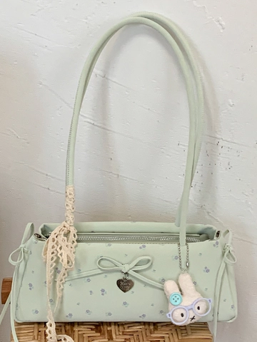 Damen PU Leder Achseltasche Baguette Tasche Süßer Kaninchen Anhänger Blumendruck Spitze Schleife Herz Anhänger Koreanisch Schultertasche