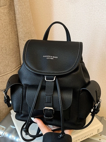 Vintage PU Leather Backpack For Women Retro Contrast Color Litchi Grain Backpack Multi-pocket Travel Casual Commuting Daypack