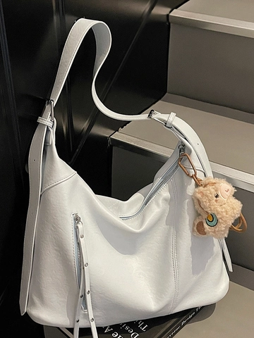 Sac à Épaule en Cuir PU Grande Capacité Tendance pour Femmes Sac Sous les Bras Hobo Rétro Avec Charme en Peluche Sac Bandoulière