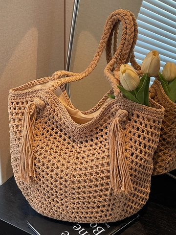 Borsa a Spalla da Donna in Maglia Traforata Grande Capacità Borsa Tote all'Uncinetto con Nappine per Spiaggia Vacanza Estate Casual