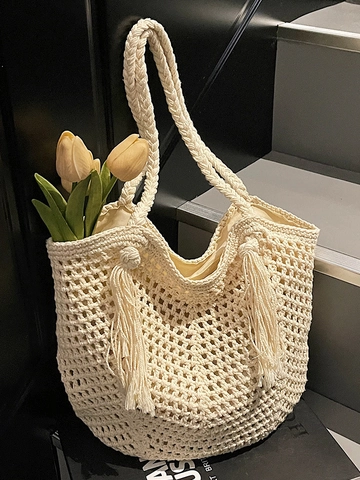 Borsa a Spalla da Donna in Maglia Traforata Grande Capacità Borsa Tote all'Uncinetto con Nappine per Spiaggia Vacanza Estate Casual