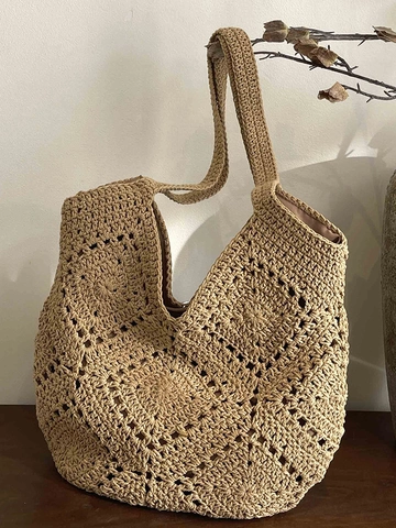 Borsa Tote in Corda di Cotone Intrecciata a Mano Donna Boho Borsa a Spalla Traforata Casual Borsa da Spiaggia Estiva Grande Capacità