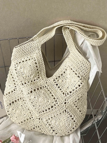 Borsa Tote in Corda di Cotone Intrecciata a Mano Donna Boho Borsa a Spalla Traforata Casual Borsa da Spiaggia Estiva Grande Capacità