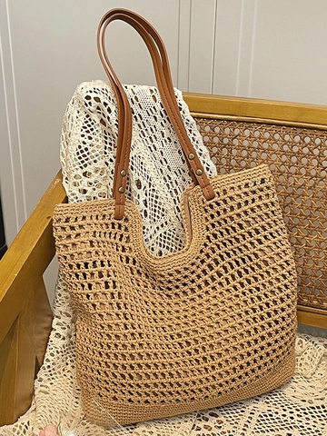 Handgefertigte Gewebte Ausgehöhlte Tragetasche Für Damen Lässige Baumwollfaden Strandurlaub Schultertasche Mit Kunstlederriemen