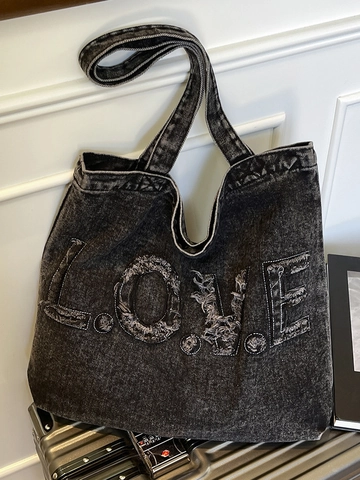 Bolso Tote de Mezclilla Lavado Retro para Mujer Gran Capacidad Borde Deshilachado Letra Bordado Bolso de Hombro Casual Moderno Bolso de Mano