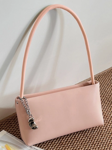 Niche Retro PU Leather Baguette Underarm Bag For Women Fashion Simple Solid Color Shoulder Crossbody Handbag With Metal Pendant