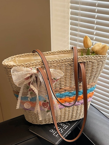 Handmade Straw Woven Tote Bag For Women Large Capacity Beach Vacation Shoulder Bag With Lace Bow Floral Embroidery