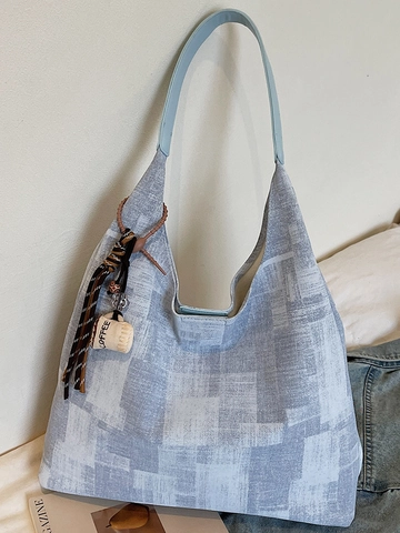 Korean Style Large Capacity Shoulder Tote Bag Printed Fabric Hobo Bag With Coffee Pendant Casual Everyday Work Handbag