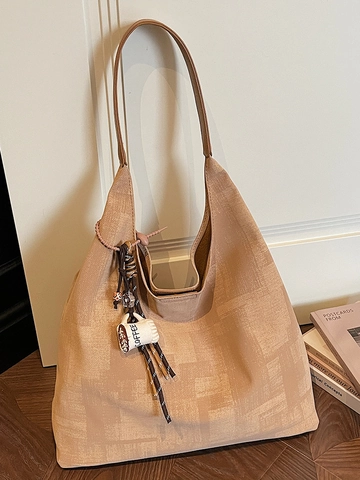 Korean Style Large Capacity Shoulder Tote Bag Printed Fabric Hobo Bag With Coffee Pendant Casual Everyday Work Handbag