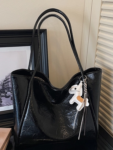 Sac Cabas Femme Minimaliste en Cuir PU Froissé Grande Capacité Sac à Épaule pour Trajet Quotidien Avec Pendentif Amovible