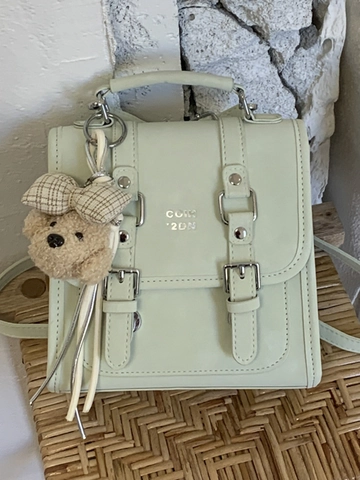 Fashion Women Mini Backpack PU Leather Flap Small Square Bag With Plush Bear Charm College Style Shoulder Crossbody Bag