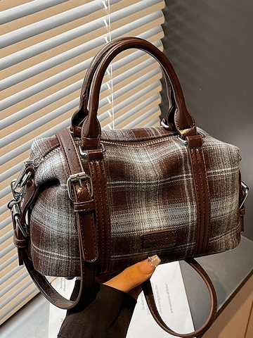 Vintage Karo Boston Handtasche Damen 2026 Frühling Fashion Casual Schulter Umhängetasche Verstellbarer Gurt Canvas PU