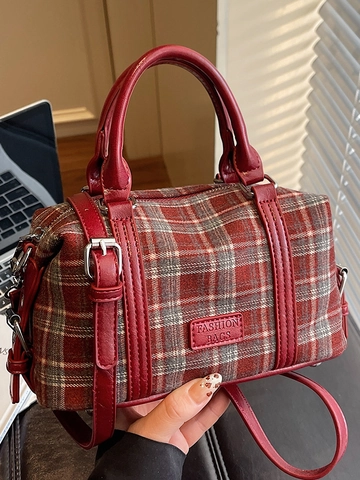 Vintage Karo Boston Handtasche Damen 2026 Frühling Fashion Casual Schulter Umhängetasche Verstellbarer Gurt Canvas PU