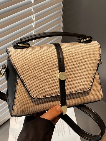 Bolso de Hombro de Patchwork de Moda para Mujer Bolso de Mano de Tela de Textura Tejida con Cerradura de Metal Color de Contraste