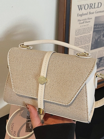 Bolso de Hombro de Patchwork de Moda para Mujer Bolso de Mano de Tela de Textura Tejida con Cerradura de Metal Color de Contraste
