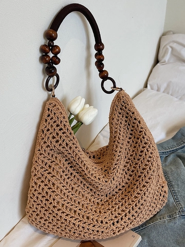Handmade Woven Straw Tote Bag With Wooden Bead Strap Large Capacity Bohemian Crochet Shoulder Bag For Beach Vacation Women