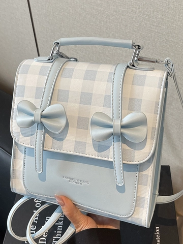 Zaino Piccolo Coreano a Quadri Con Fiocco Per Donna Zaino Multiuso in Pelle PU Borsa a Tracolla Stile Preppy Moda Borsa Per La Scuola Ragazze