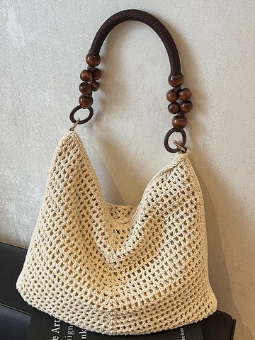 Handmade Woven Straw Tote Bag With Wooden Bead Strap Large Capacity Bohemian Crochet Shoulder Bag For Beach Vacation Women