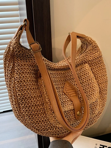 Damen Stroh Gewebte Schultertasche Große Kapazität Strand Urlaub Hobo Tasche Mit PU Lederband Und Außentasche