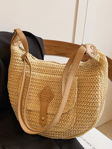 Damen Stroh Gewebte Schultertasche Große Kapazität Strand Urlaub Hobo Tasche Mit PU Lederband Und Außentasche