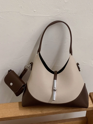 Bolso de Hombro Hobo para Mujer Cuero PU Grano de Lichi Retro Minimalista Color de Contraste Bolso de Bandolera Con Mini Bolsa Cierre