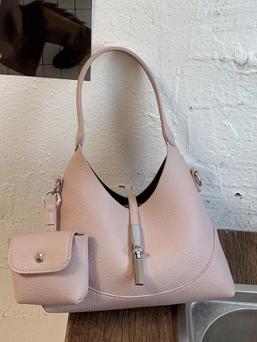 Bolso de Hombro Hobo para Mujer Cuero PU Grano de Lichi Retro Minimalista Color de Contraste Bolso de Bandolera Con Mini Bolsa Cierre