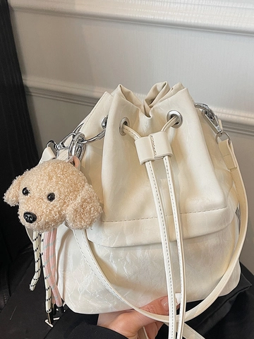 Korean Style Women Drawstring Bucket Bag PU Leather Crinkled Texture Shoulder Crossbody Bag With Plush Dog Charm Fashion Bag