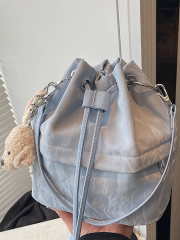 Korean Style Women Drawstring Bucket Bag PU Leather Crinkled Texture Shoulder Crossbody Bag With Plush Dog Charm Fashion Bag