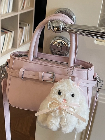 Minimalistische PU Leder Kleine Quadratische Umhängetasche Für Damen Trendige Handtasche Mit Plüsch Kaninchen Anhänger