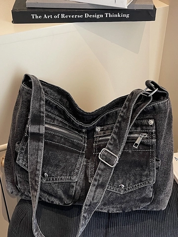Borsa Tote in Denim Grande Capacità Retrò Multi Tasca Borsa a Tracolla Lavata Denim Borsa Crossbody Moda Donna Pendolare Borsa