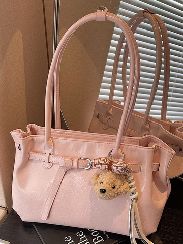 Women Fashion Glossy PU Leather Underarm Bag Large Capacity Tote Bag Commuter Handbag With Cute Plush Bear Keychain