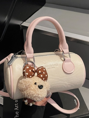 Vintage PU Leather Cylinder Pillow Bag For Women Fashion Crossbody Shoulder Bag With Plush Bear Charm Small Handbag