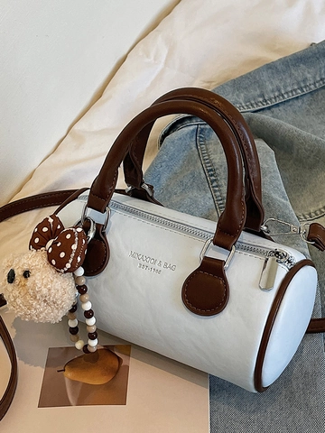 Vintage PU Leather Cylinder Pillow Bag For Women Fashion Crossbody Shoulder Bag With Plush Bear Charm Small Handbag