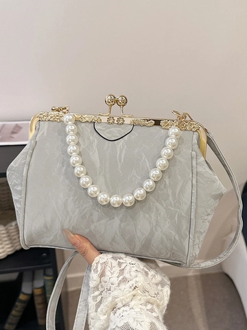 Vintage Pleated PU Evening Bag With Artificial Pearl Handle Women Elegant Metal Frame Crossbody Shoulder Bag Shell Party Handbag