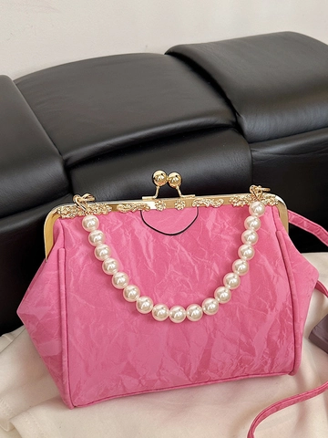 Vintage Pleated PU Evening Bag With Artificial Pearl Handle Women Elegant Metal Frame Crossbody Shoulder Bag Shell Party Handbag
