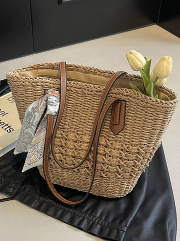 Große Kapazität Stroh Webart Tragetasche Für Damen Handgemachte Strand Schultertasche Mit Dekorativem Schal Urlaub Sommer Handtasche