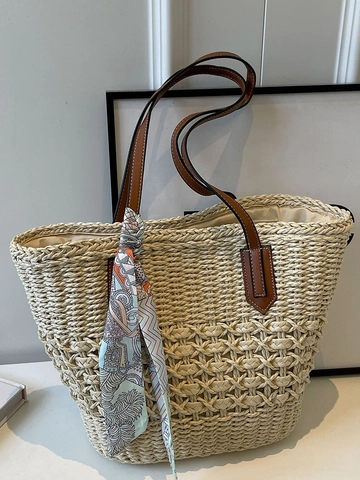 Große Kapazität Stroh Webart Tragetasche Für Damen Handgemachte Strand Schultertasche Mit Dekorativem Schal Urlaub Sommer Handtasche