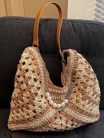 Damen Stroh Tragetasche Mit Künstlicher Perlenkette Große Kapazität Handgefertigte Gewebte Schultertasche Für Strand Urlaub Reise